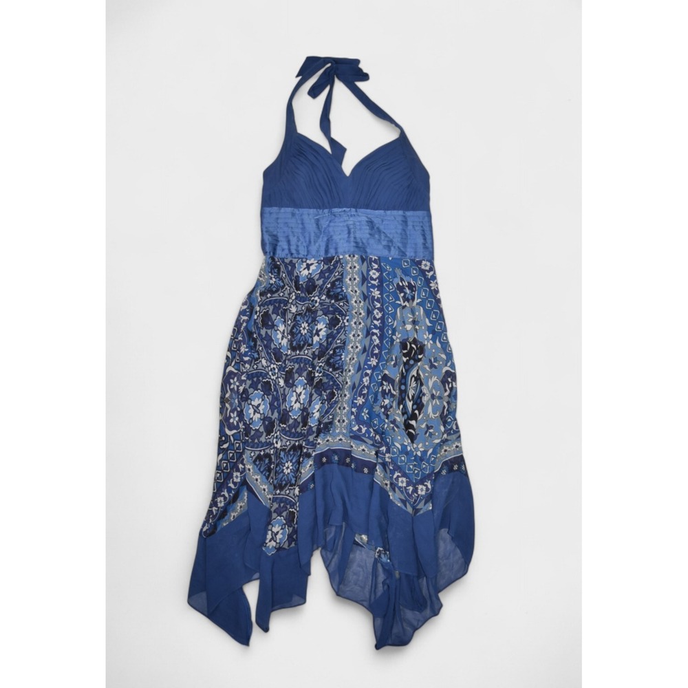 Sangria Dress Womens 8 Blue Silk Floral Midi Flair Ruffle Sundress Strap Boho